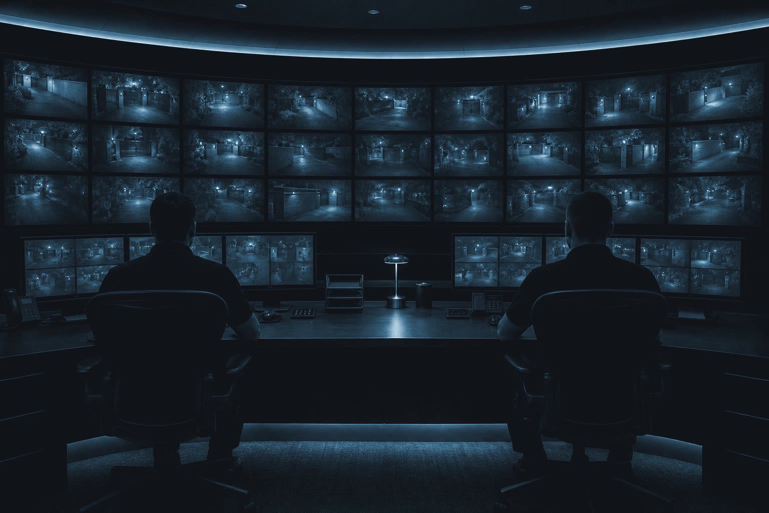 Monitoring room with a wall of camera screens