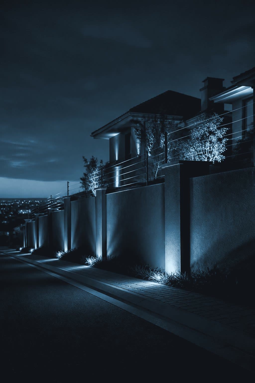 Boundary wall with an electric fence, lit up at night
