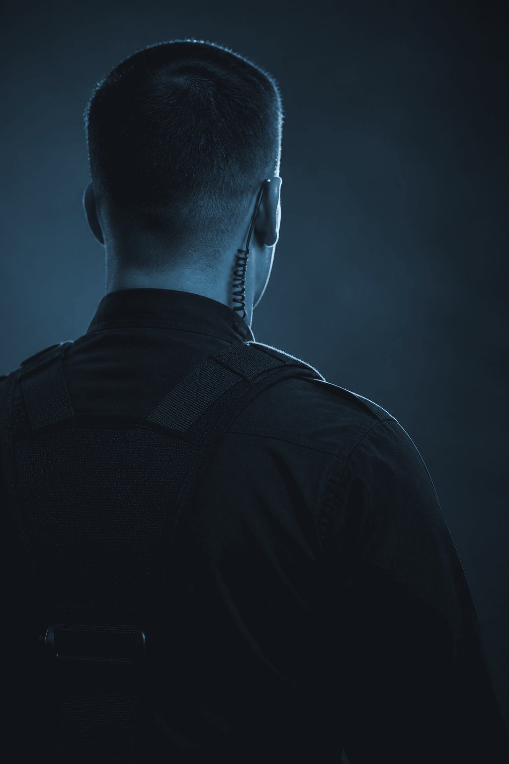 Security guard in uniform, seen from behind
