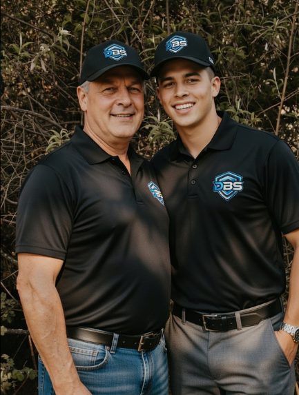 Pieter de Bruyn Jr and his son Marco de Bruyn in DBS Security shirts and caps